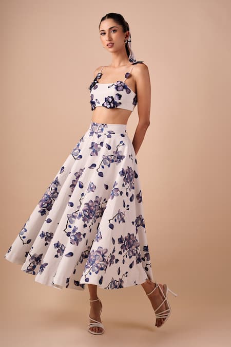 Shriya Som Blue Cotton Applique Orchid Print Skirt 