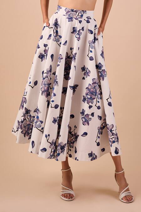 Buy_Shriya Som_Blue Cotton Applique Orchid Print Skirt _Online_at_Aza_Fashions