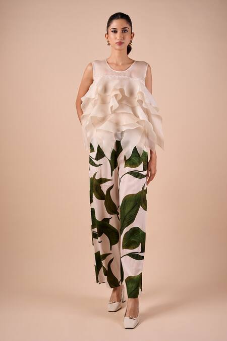 Shriya Som_Ivory Organza Round Neck Layer Ruffle Top _Online_at_Aza_Fashions