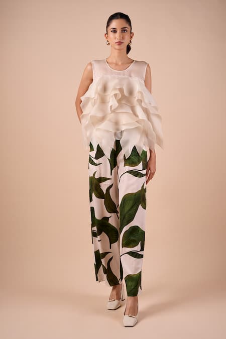 Shriya Som White Cotton Green Leaf Print Pant 