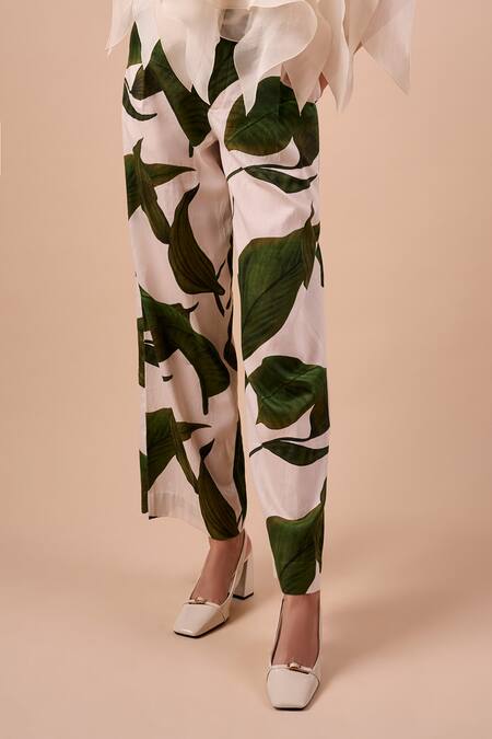Shriya Som_White Cotton Green Leaf Print Pant _Online_at_Aza_Fashions