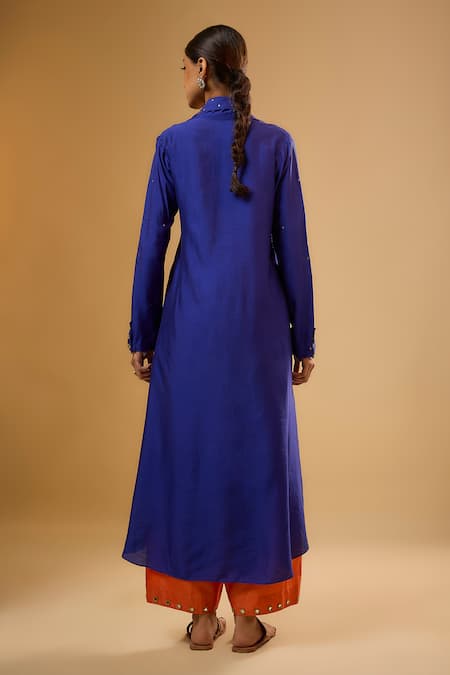 Shop_Label Niti Bothra_Blue Silk Embroidery, Mirrors Collared Kurta Set _at_Aza_Fashions