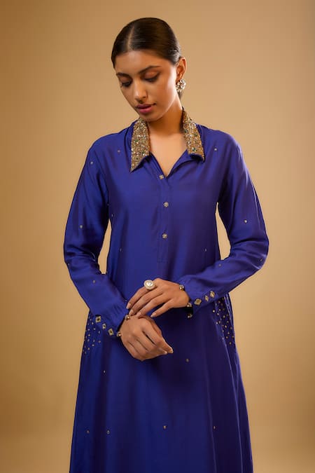 Buy_Label Niti Bothra_Blue Silk Embroidery, Mirrors Collared Kurta Set _Online_at_Aza_Fashions