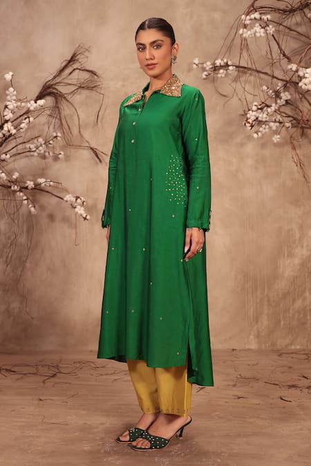 Buy_Label Niti Bothra_Green Silk Zari Collared Zardosi Embroidered Kurta Set _Online_at_Aza_Fashions