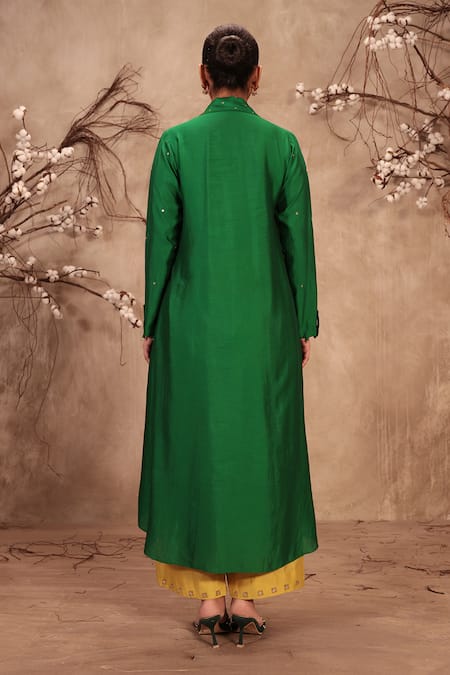 Shop_Label Niti Bothra_Green Silk Zari Collared Zardosi Embroidered Kurta Set _at_Aza_Fashions