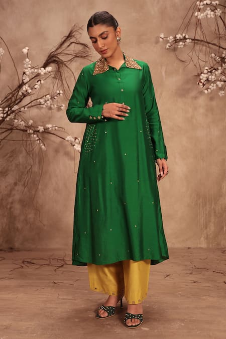 Shop_Label Niti Bothra_Green Silk Zari Collared Zardosi Embroidered Kurta Set _Online_at_Aza_Fashions