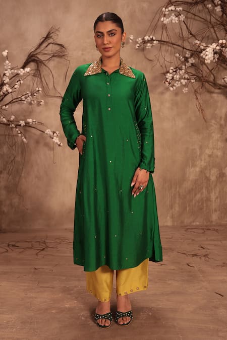 Label Niti Bothra Green Silk Zari Collared Zardosi Embroidered Kurta Set