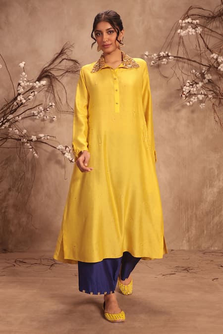 Buy Label Niti Bothra Yellow Silk Zari Collared Chiniya Kurta Set Online at Aza Fashions Buy_Label Niti Bothra_Yellow Silk Zari Collared Chiniya Kurta Set _Online_at_Aza_Fashions