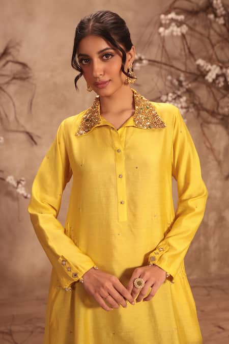 Shop Label Niti Bothra Yellow Silk Zari Collared Chiniya Kurta Set Online at Aza Fashions Shop_Label Niti Bothra_Yellow Silk Zari Collared Chiniya Kurta Set _Online_at_Aza_Fashions