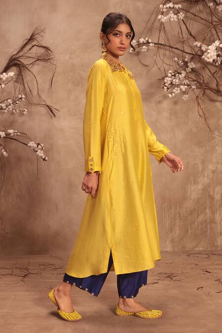 Label Niti Bothra Yellow Silk Zari Collared Chiniya Kurta Set at Aza Fashions Label Niti Bothra_Yellow Silk Zari Collared Chiniya Kurta Set _at_Aza_Fashions