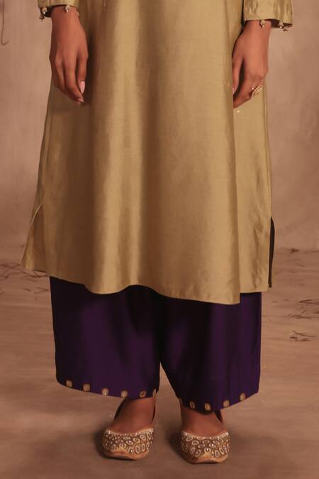Label Niti Bothra_Green Silk Embroidery Collared Light Kurta Set _Online_at_Aza_Fashions