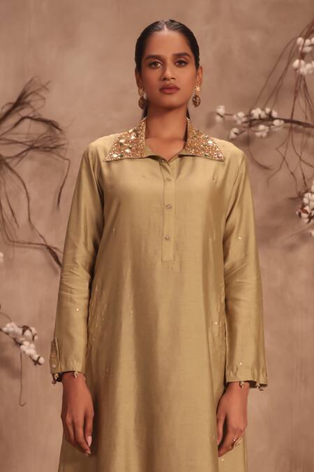 Buy_Label Niti Bothra_Green Silk Embroidery Collared Light Kurta Set _Online_at_Aza_Fashions