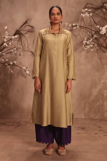 Shop_Label Niti Bothra_Green Silk Embroidery Collared Light Kurta Set _Online_at_Aza_Fashions