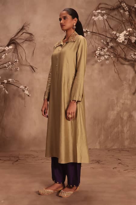 Label Niti Bothra_Green Silk Embroidery Collared Light Kurta Set _at_Aza_Fashions