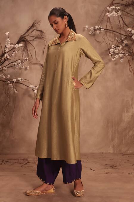 Buy_Label Niti Bothra_Green Silk Embroidery Collared Light Kurta Set 