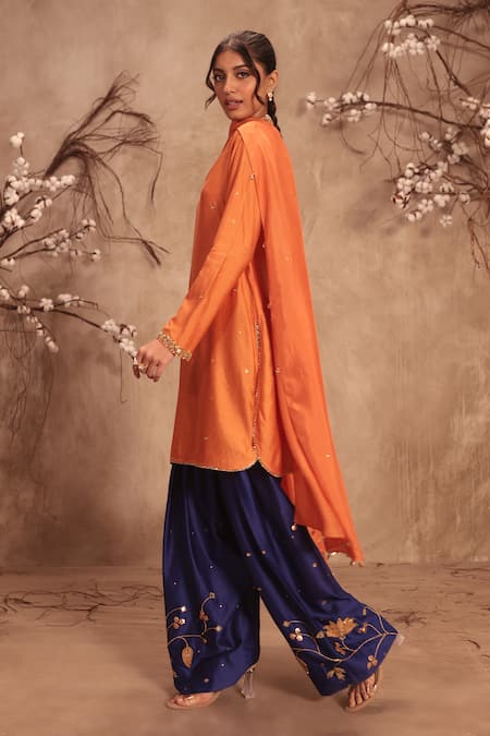 Buy_Label Niti Bothra_Orange Chinon, Silk Zari, Embroidery, Gota Patti V-neck Zardosi Kurta Set _Online_at_Aza_Fashions