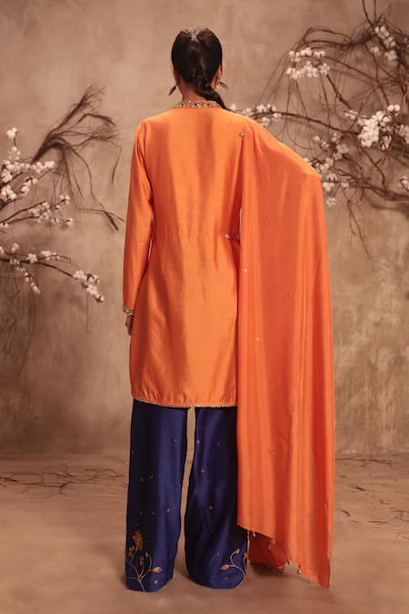 Shop_Label Niti Bothra_Orange Chinon, Silk Zari, Embroidery, Gota Patti V-neck Zardosi Kurta Set _at_Aza_Fashions