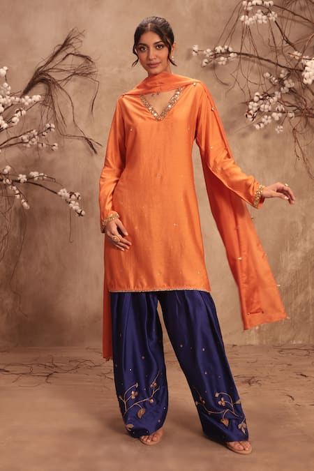 Shop_Label Niti Bothra_Orange Chinon, Silk Zari, Embroidery, Gota Patti V-neck Zardosi Kurta Set _Online_at_Aza_Fashions