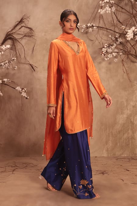 Label Niti Bothra_Orange Chinon, Silk Zari, Embroidery, Gota Patti V-neck Zardosi Kurta Set _at_Aza_Fashions