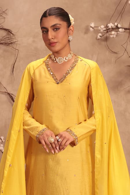 Buy_Label Niti Bothra_Yellow Chinon, Silk Embroidery, Zari, Applique, Gota Patti Zardosi Kurta Set _Online_at_Aza_Fashions