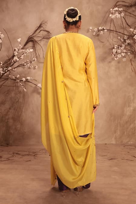 Shop_Label Niti Bothra_Yellow Chinon, Silk Embroidery, Zari, Applique, Gota Patti Zardosi Kurta Set _at_Aza_Fashions