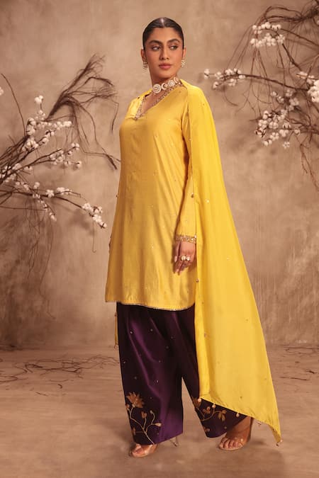 Shop_Label Niti Bothra_Yellow Chinon, Silk Embroidery, Zari, Applique, Gota Patti Zardosi Kurta Set _Online_at_Aza_Fashions