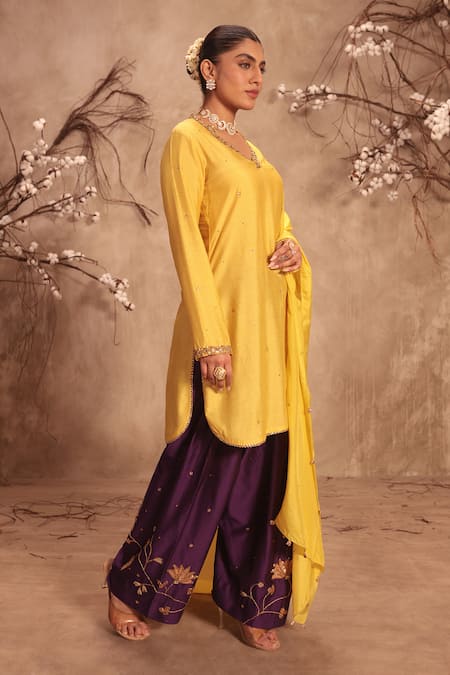 Label Niti Bothra_Yellow Chinon, Silk Embroidery, Zari, Applique, Gota Patti Zardosi Kurta Set _at_Aza_Fashions