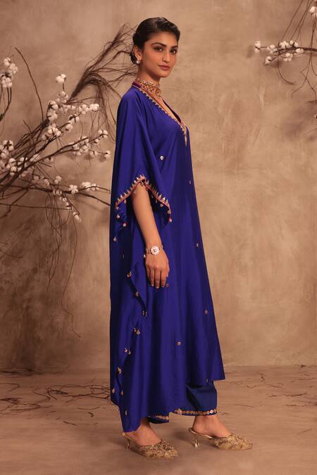 Label Niti Bothra_Blue Silk Zari, Mirrors, Gota Patti V-neck Embroidered Kaftan Set _Online_at_Aza_Fashions