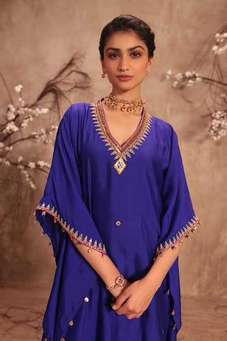 Buy_Label Niti Bothra_Blue Silk Zari, Mirrors, Gota Patti V-neck Embroidered Kaftan Set _Online_at_Aza_Fashions