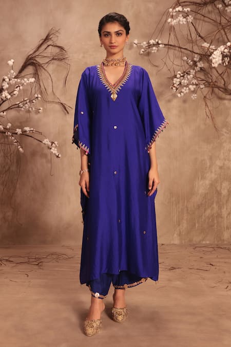 Label Niti Bothra Blue Silk Zari, Mirrors, Gota Patti V-neck Embroidered Kaftan Set 
