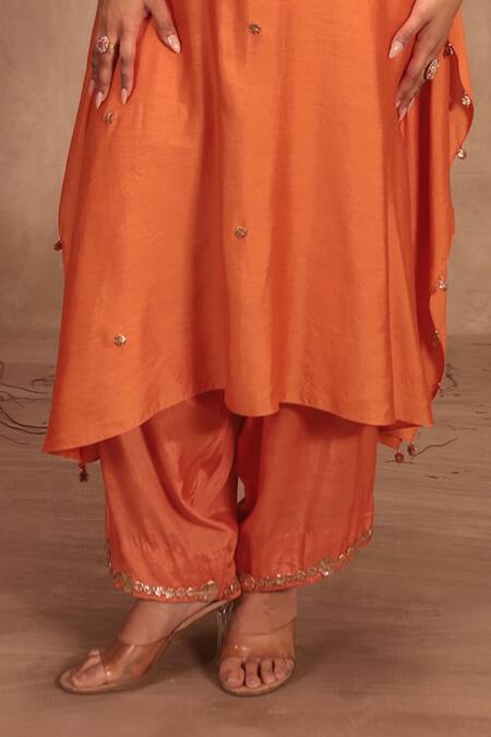 Label Niti Bothra Orange Silk Zari, Mirrors, Gota Patti Round Neck Embroidered Kaftan And Pant Set Online at Aza Fashions Label Niti Bothra_Orange Silk Zari, Mirrors, Gota Patti Round Neck Embroidered Kaftan And Pant Set _Online_at_Aza_Fashions
