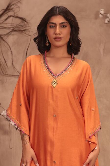 Buy Label Niti Bothra Orange Silk Zari, Mirrors, Gota Patti Round Neck Embroidered Kaftan And Pant Set Online at Aza Fashions Buy_Label Niti Bothra_Orange Silk Zari, Mirrors, Gota Patti Round Neck Embroidered Kaftan And Pant Set _Online_at_Aza_Fashions