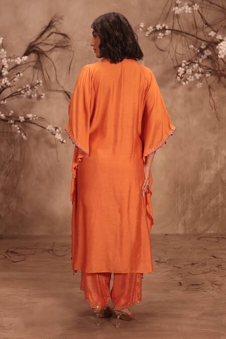 Shop Label Niti Bothra Orange Silk Zari, Mirrors, Gota Patti Round Neck Embroidered Kaftan And Pant Set Online at Aza Fashions Shop_Label Niti Bothra_Orange Silk Zari, Mirrors, Gota Patti Round Neck Embroidered Kaftan And Pant Set _Online_at_Aza_Fashions
