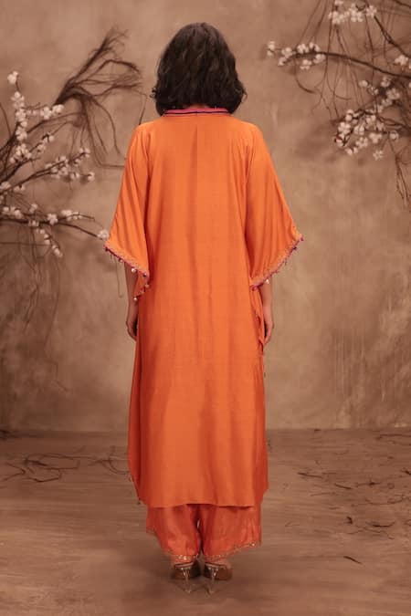 Shop Label Niti Bothra Orange Silk Zari, Mirrors, Gota Patti Round Neck Embroidered Kaftan And Pant Set at Aza Fashions Shop_Label Niti Bothra_Orange Silk Zari, Mirrors, Gota Patti Round Neck Embroidered Kaftan And Pant Set _at_Aza_Fashions