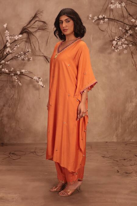 Label Niti Bothra Orange Silk Zari, Mirrors, Gota Patti Round Neck Embroidered Kaftan And Pant Set at Aza Fashions Label Niti Bothra_Orange Silk Zari, Mirrors, Gota Patti Round Neck Embroidered Kaftan And Pant Set _at_Aza_Fashions