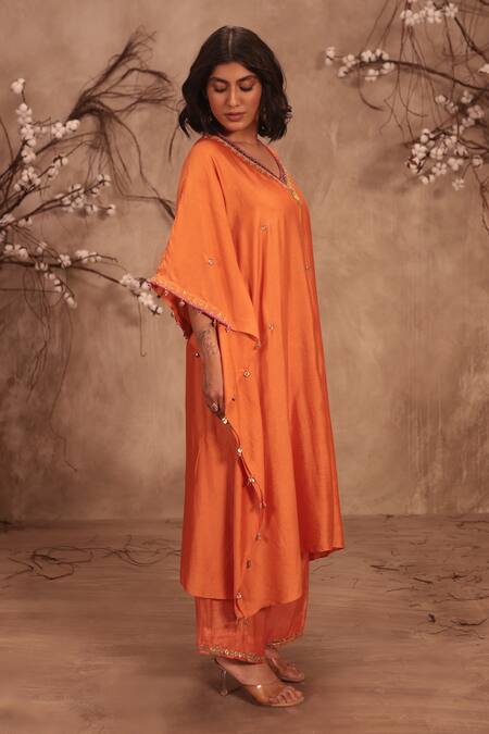 Buy Label Niti Bothra Orange Silk Zari, Mirrors, Gota Patti Round Neck Embroidered Kaftan And Pant Set Buy_Label Niti Bothra_Orange Silk Zari, Mirrors, Gota Patti Round Neck Embroidered Kaftan And Pant Set