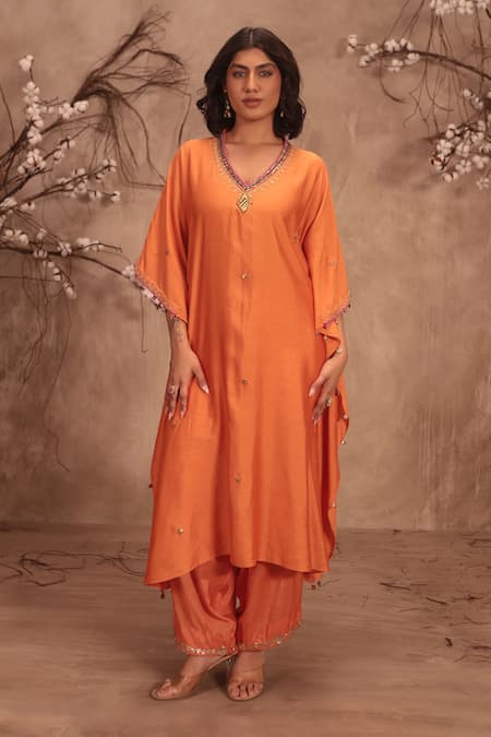 Label Niti Bothra Orange Silk Zari, Mirrors, Gota Patti Round Neck Embroidered Kaftan And Pant Set 