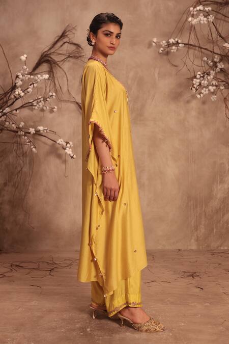 Label Niti Bothra Yellow Silk Zari, Gota Patti V-neck Embroidered Kaftan Set Online at Aza Fashions Label Niti Bothra_Yellow Silk Zari, Gota Patti V-neck Embroidered Kaftan Set _Online_at_Aza_Fashions