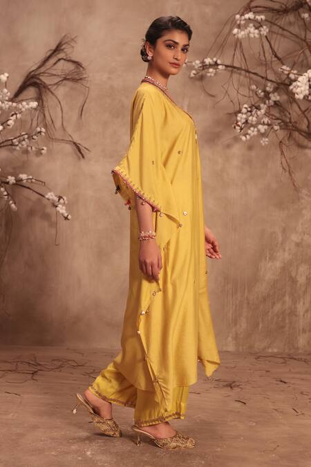 Buy Label Niti Bothra Yellow Silk Zari, Gota Patti V-neck Embroidered Kaftan Set Online at Aza Fashions Buy_Label Niti Bothra_Yellow Silk Zari, Gota Patti V-neck Embroidered Kaftan Set _Online_at_Aza_Fashions