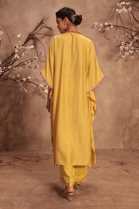 Shop Label Niti Bothra Yellow Silk Zari, Gota Patti V-neck Embroidered Kaftan Set at Aza Fashions Shop_Label Niti Bothra_Yellow Silk Zari, Gota Patti V-neck Embroidered Kaftan Set _at_Aza_Fashions