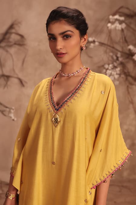 Shop Label Niti Bothra Yellow Silk Zari, Gota Patti V-neck Embroidered Kaftan Set Online at Aza Fashions Shop_Label Niti Bothra_Yellow Silk Zari, Gota Patti V-neck Embroidered Kaftan Set _Online_at_Aza_Fashions