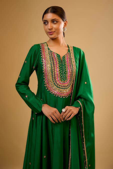 Label Niti Bothra_Green Silk Gota Patti, Pearls Round Neck Embroidered Kalidar Set _Online_at_Aza_Fashions