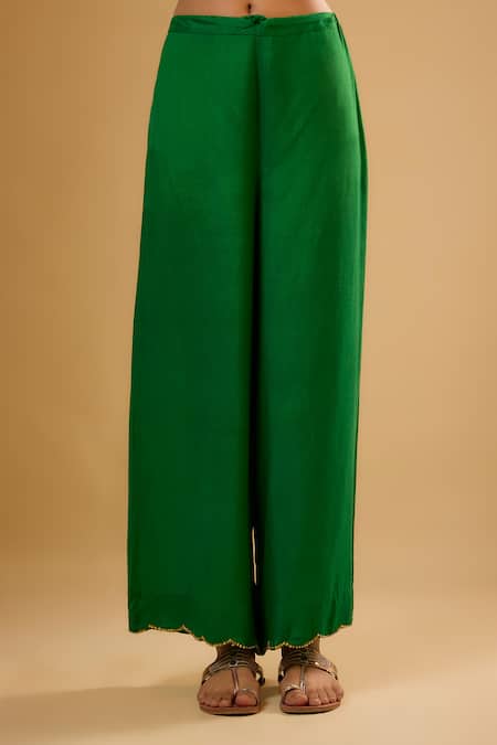 Buy_Label Niti Bothra_Green Silk Gota Patti, Pearls Round Neck Embroidered Kalidar Set _Online_at_Aza_Fashions