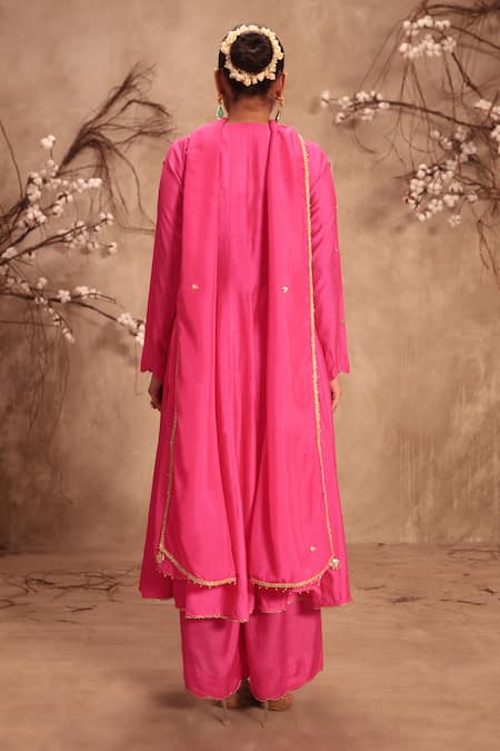 Shop_Label Niti Bothra_Pink Silk Embroidery, Gota Patti Round Neck Hot Kalidar Set _at_Aza_Fashions