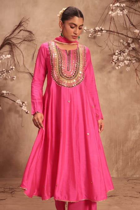 Label Niti Bothra_Pink Silk Embroidery, Gota Patti Round Neck Hot Kalidar Set _Online_at_Aza_Fashions