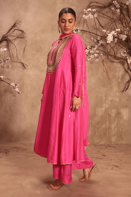 Buy_Label Niti Bothra_Pink Silk Embroidery, Gota Patti Round Neck Hot Kalidar Set _Online_at_Aza_Fashions