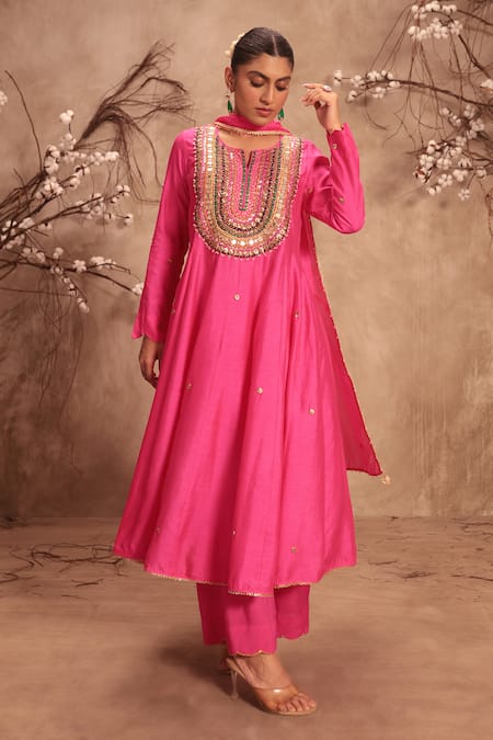 Label Niti Bothra Pink Silk Embroidery, Gota Patti Round Neck Hot Kalidar Set