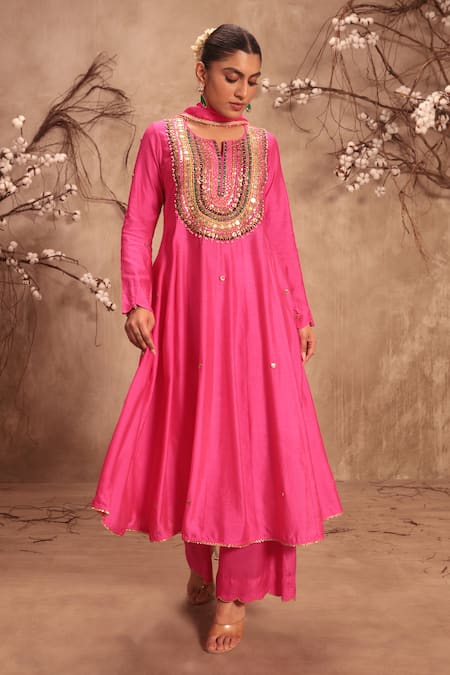 Shop_Label Niti Bothra_Pink Silk Embroidery, Gota Patti Round Neck Hot Kalidar Set _Online_at_Aza_Fashions
