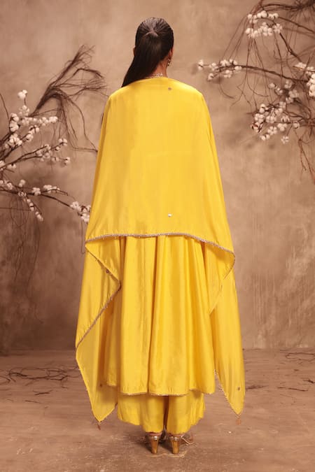 Shop_Label Niti Bothra_Yellow Silk Gota Patti, Pearls, Embroidery Round Neck Mirror Kalidar Set _at_Aza_Fashions
