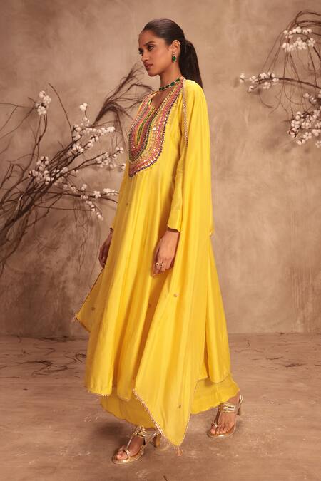 Label Niti Bothra_Yellow Silk Gota Patti, Pearls, Embroidery Round Neck Mirror Kalidar Set _Online_at_Aza_Fashions